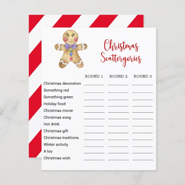 Gingerbread man Christmas Scattergories Game Card (Front/Back)