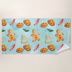 Gingerbread Man Christmas Tree Pattern Beach Towel