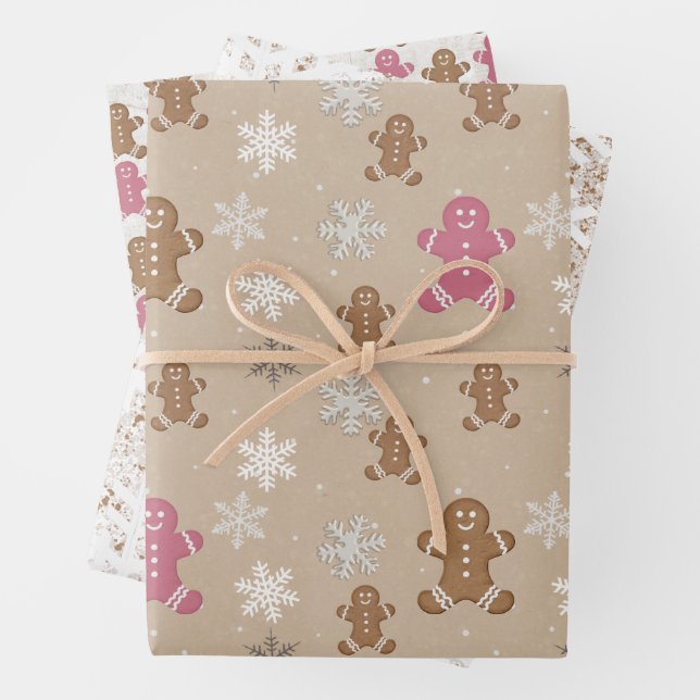 Gingerbread Man Cookie Snowflake Holiday Bake Pink Wrapping Paper Sheet (In situ)