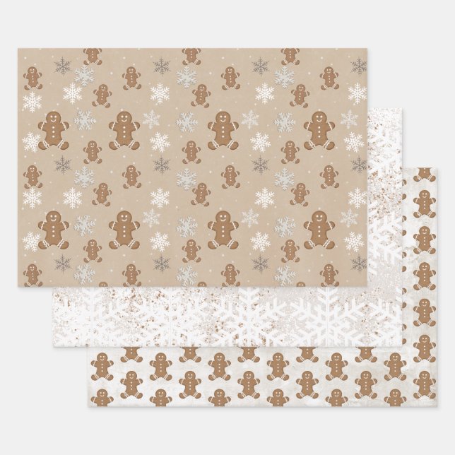 Gingerbread Man Cookie Snowflake Holiday Baking  Wrapping Paper Sheet (Set)