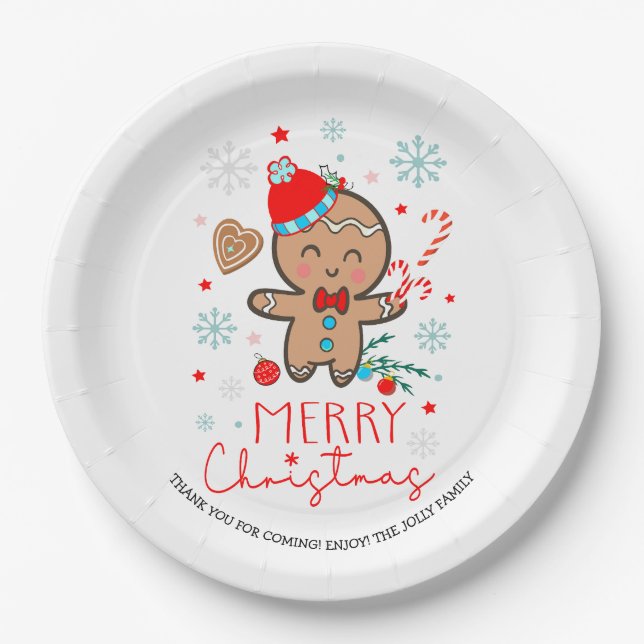 Gingerbread Man Cookie Snowflakes Merry Christmas  Paper Plate (Front)
