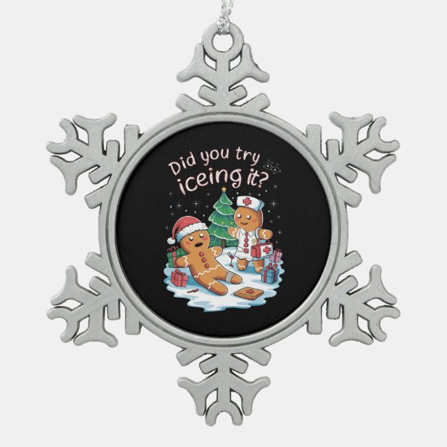 Gingerbread Man Cookie Ugly Sweater Oh Snap Xmas Snowflake Pewter Christmas Ornament (Front)