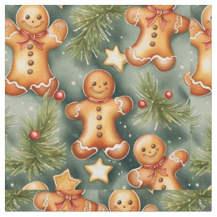Gingerbread man cookies and stars watercolor art  fabric