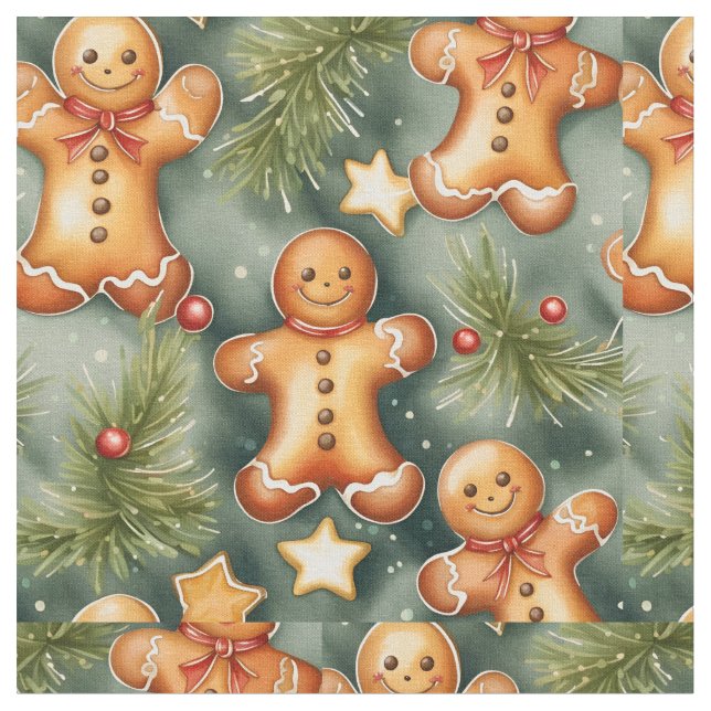 Gingerbread man cookies and stars watercolor art  fabric (Close Up)