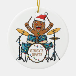 Gingerbread Man Drummer Funny Holiday Rock Xmas Ceramic Tree Decoration