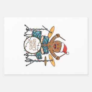 Gingerbread Man Drummer Funny Holiday Rock Xmas Wrapping Paper Sheet