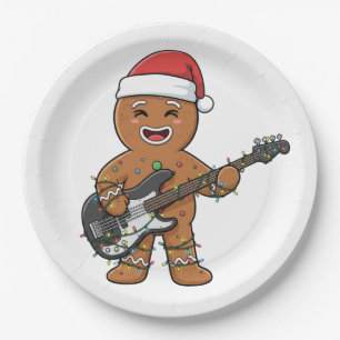 Gingerbread Man Electric Guitar Rock Funny Holiday Paper Plate
