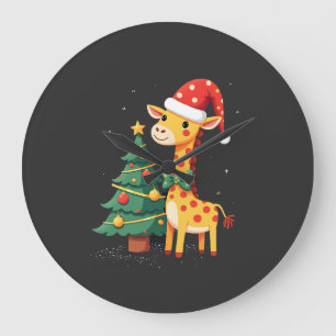 Gingerbread Man Giraffe Santa Hat Christmas Tree T Large Clock