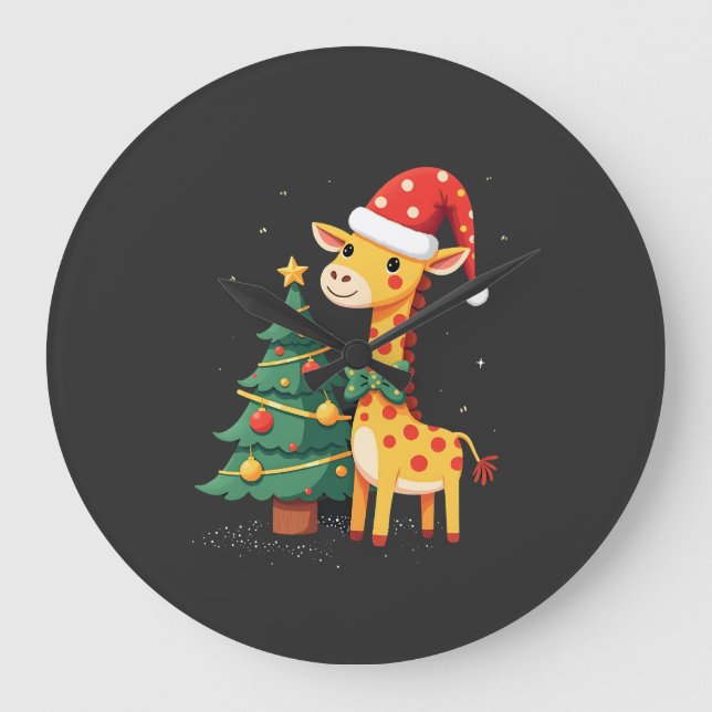 Gingerbread Man Giraffe Santa Hat Christmas Tree T Large Clock (Front)