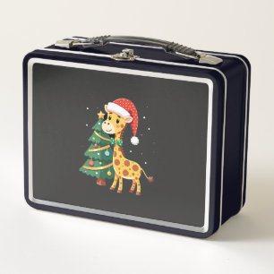 Gingerbread Man Giraffe Santa Hat Christmas Tree T Metal Lunch Box