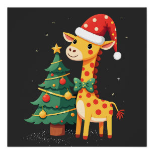 Gingerbread Man Giraffe Santa Hat Christmas Tree T Poster