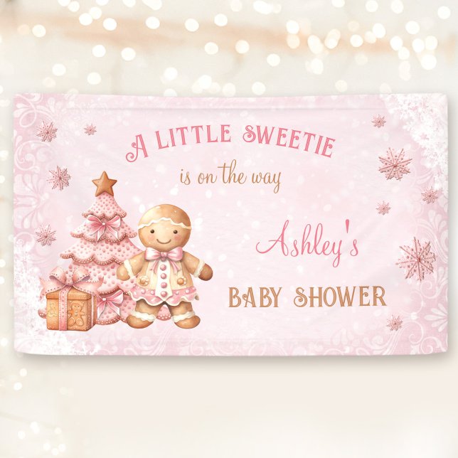 Gingerbread Man Girl Pink Christmas Baby Shower Banner (Gingerbread Man Girl Pink Christmas Baby Shower Banner)