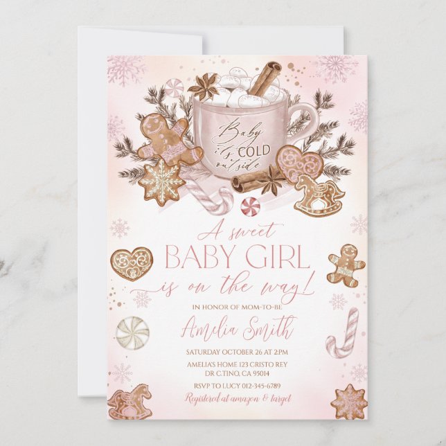 Gingerbread Man Girl Pink Christmas Baby Shower Invitation (Front)