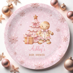 Gingerbread Man Girl Pink Christmas Baby Shower Paper Plate