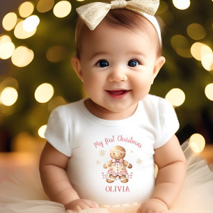 Gingerbread Man Girl Pink Name First Christmas Baby T-Shirt