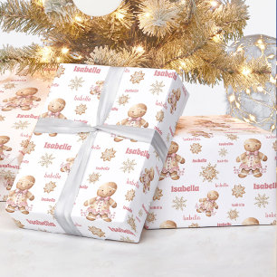 Gingerbread Man Girl Pink Name Text Christmas Wrapping Paper