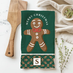 Gingerbread Man Green Monogram Merry Christmas Tea Towel