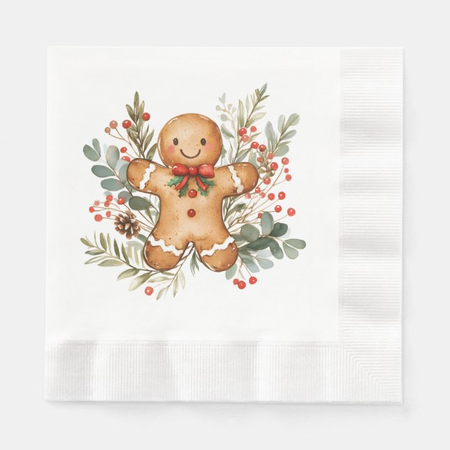 Gingerbread Man Greenery Foliage Christmas Napkin (Front)