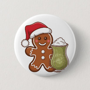 Gingerbread Man Holding Matcha Drink Christmas  6 Cm Round Badge