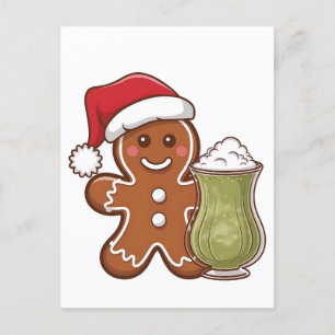 Gingerbread Man Holding Matcha Drink Christmas Announcement Postcard