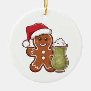 Gingerbread Man Holding Matcha Drink Christmas Ceramic Tree Decoration