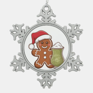 Gingerbread Man Holding Matcha Drink Christmas Snowflake Pewter Christmas Ornament