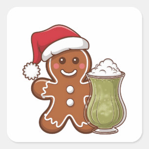 Gingerbread Man Holding Matcha Drink Christmas Square Sticker