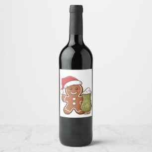 Gingerbread Man Holding Matcha Drink Christmas Wine Label