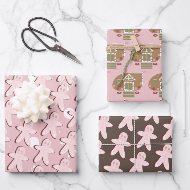 Gingerbread Man House Christmas Snowflakes Pink Wrapping Paper Sheet (Front)