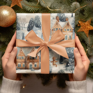 Gingerbread Man & House Snowy Christmas Wrapping Paper