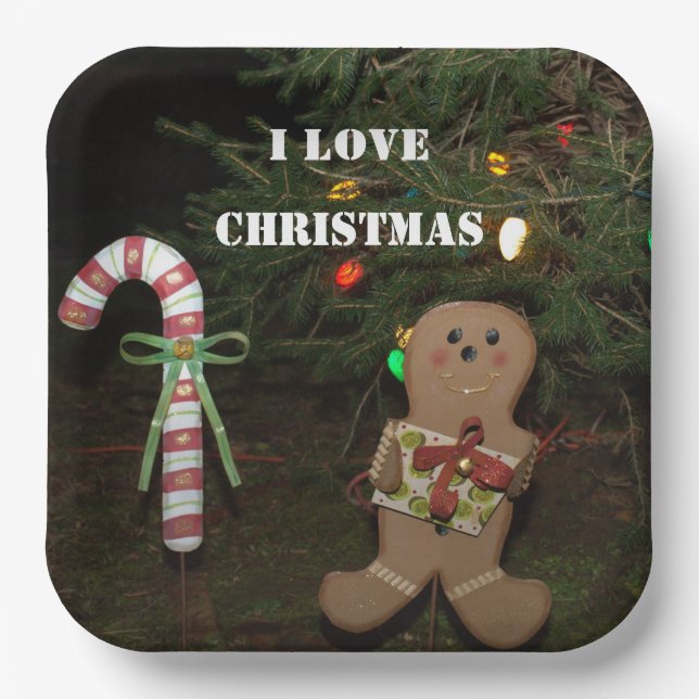 Gingerbread Man I Love Christmas Candy Cane Paper Plate (Front)
