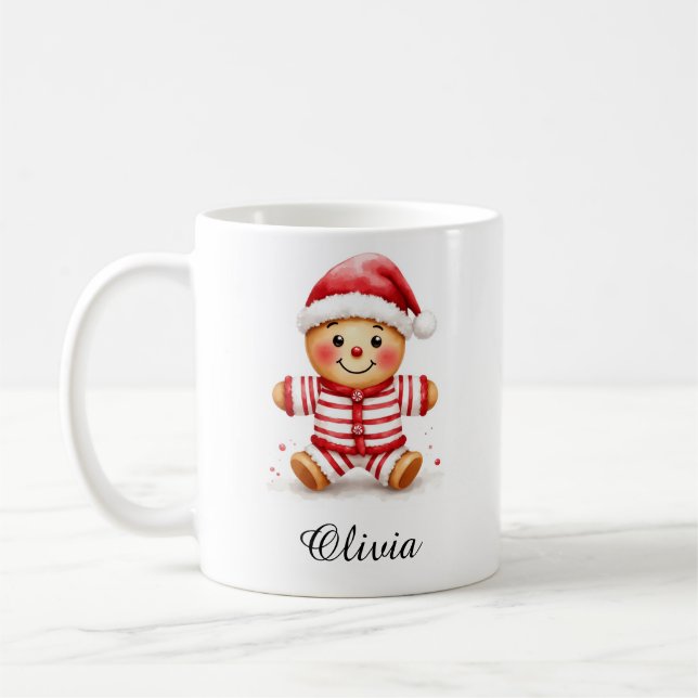 Gingerbread Man in Christmas Pajamas Custom Name Coffee Mug (Left)