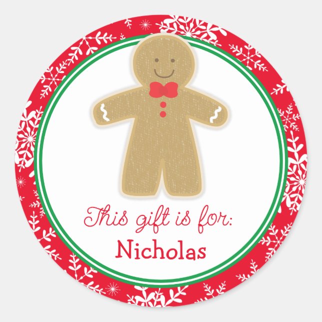 Gingerbread Man Kids Gift Tag Christmas Sticker (Front)