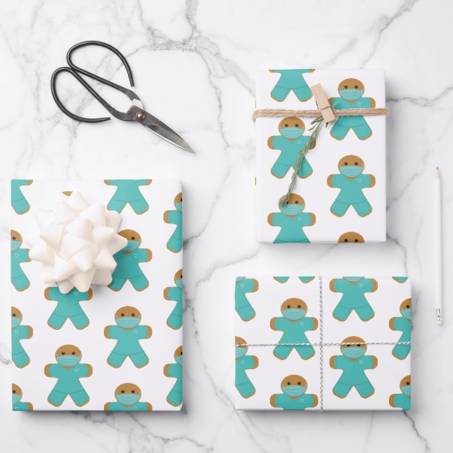 Gingerbread Man Nurse Doctor Scrubs Wrapping Paper Sheet (Front)