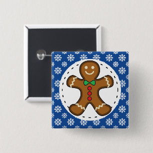 Gingerbread Man on Blue White Snowflakes Pattern 15 Cm Square Badge