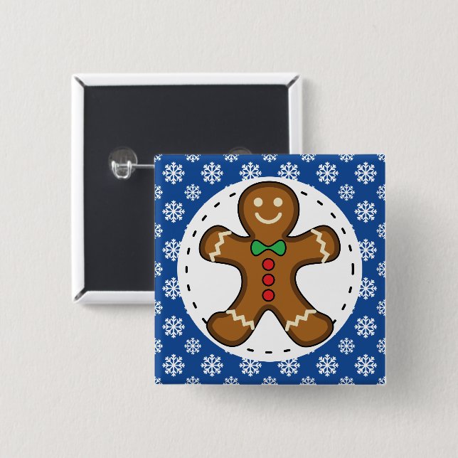 Gingerbread Man on Blue White Snowflakes Pattern 15 Cm Square Badge (Front & Back)