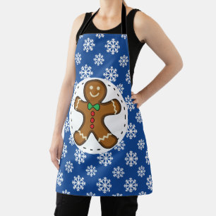 Gingerbread Man on Blue White Snowflakes Pattern Apron