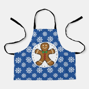 Gingerbread Man on Blue White Snowflakes Pattern Apron