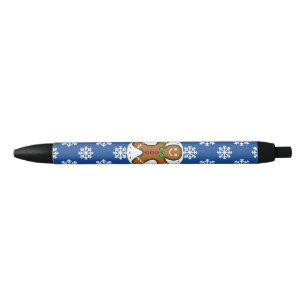 Gingerbread Man on Blue White Snowflakes Pattern Black Ink Pen