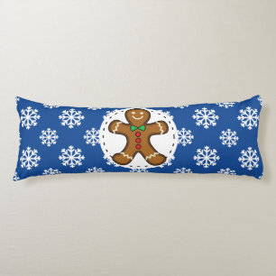 Gingerbread Man on Blue White Snowflakes Pattern Body Cushion