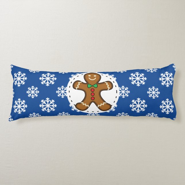 Gingerbread Man on Blue White Snowflakes Pattern Body Cushion (Front)