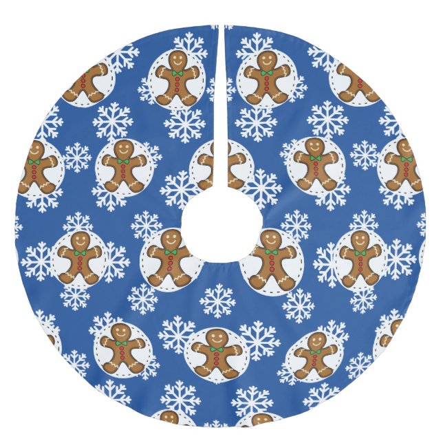 Gingerbread Man on Blue White Snowflakes Pattern Brushed Polyester Tree Skirt (Front)