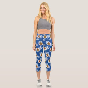 Gingerbread Man on Blue White Snowflakes Pattern Capri Leggings