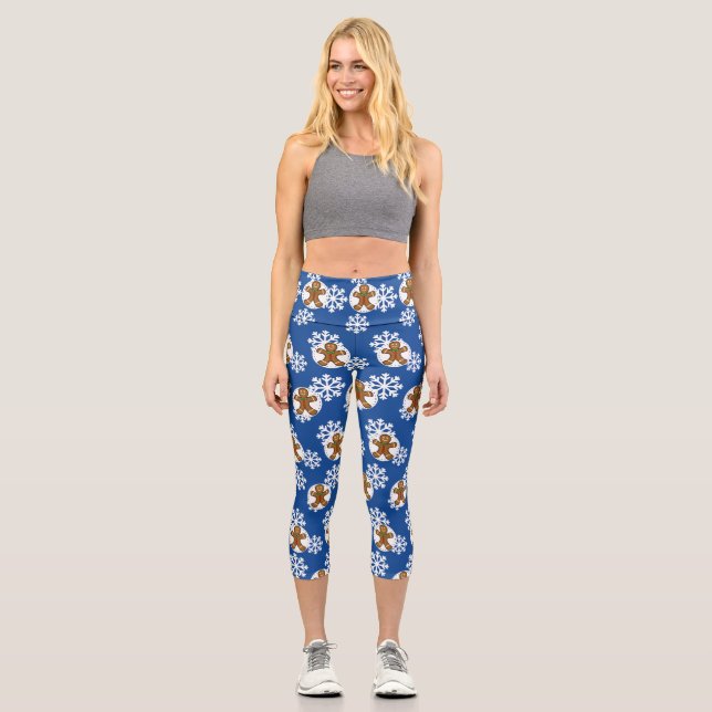 Gingerbread Man on Blue White Snowflakes Pattern Capri Leggings (Front)