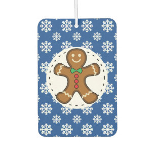 Gingerbread Man on Blue White Snowflakes Pattern Car Air Freshener