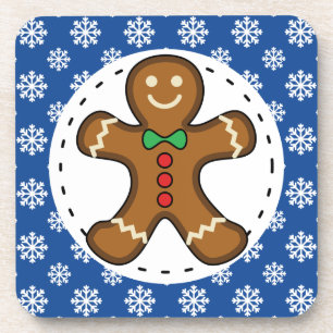 Gingerbread Man on Blue White Snowflakes Pattern Coaster
