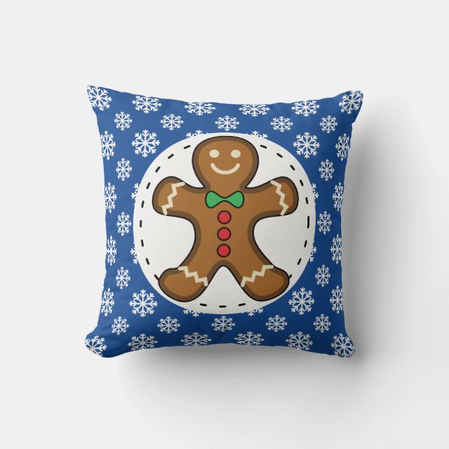 Gingerbread Man on Blue White Snowflakes Pattern Cushion (Front)