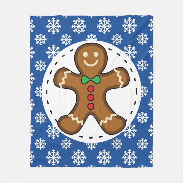 Gingerbread Man on Blue White Snowflakes Pattern Fleece Blanket (Front)