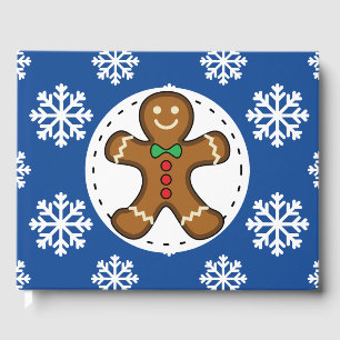 Gingerbread Man on Blue White Snowflakes Pattern Guest Book