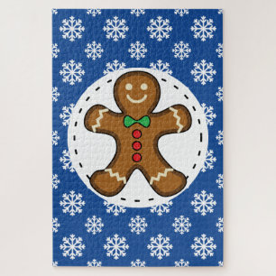 Gingerbread Man on Blue White Snowflakes Pattern Jigsaw Puzzle